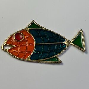 VINTAGE STAINED GLASS EFFECT FISH PENDANT.